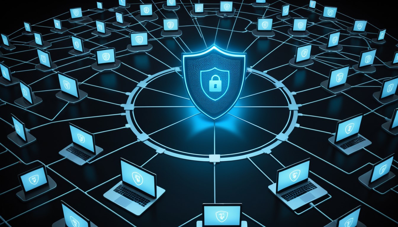 A glowing blue shield with a padlock symbol at the centre of a network of interconnected laptops, representing secure network protection and cybersecurity