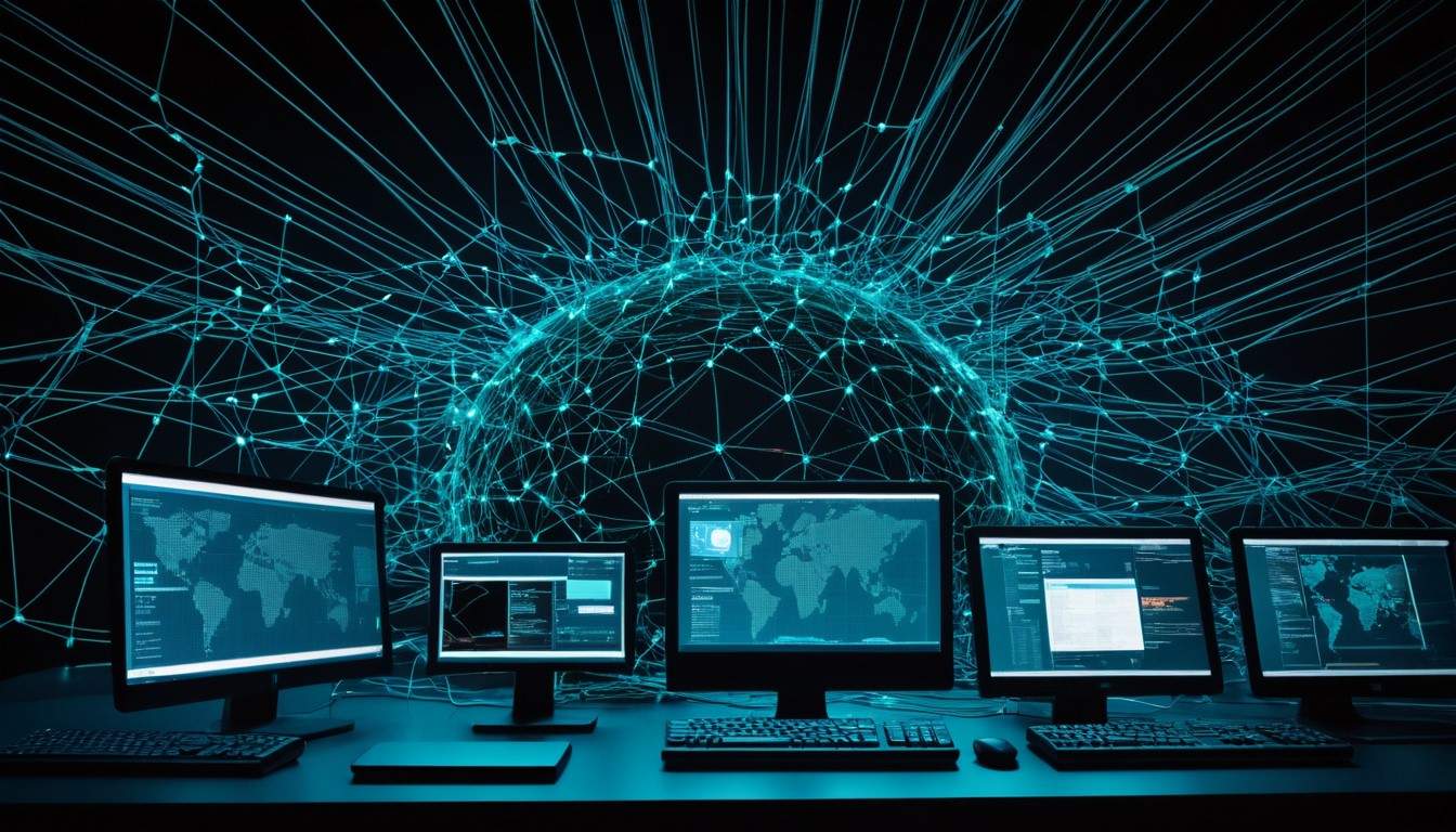 A setup of multiple monitors displaying global network data and cybersecurity dashboards, with a glowing digital network sphere in the background, representing advanced network monitoring and security