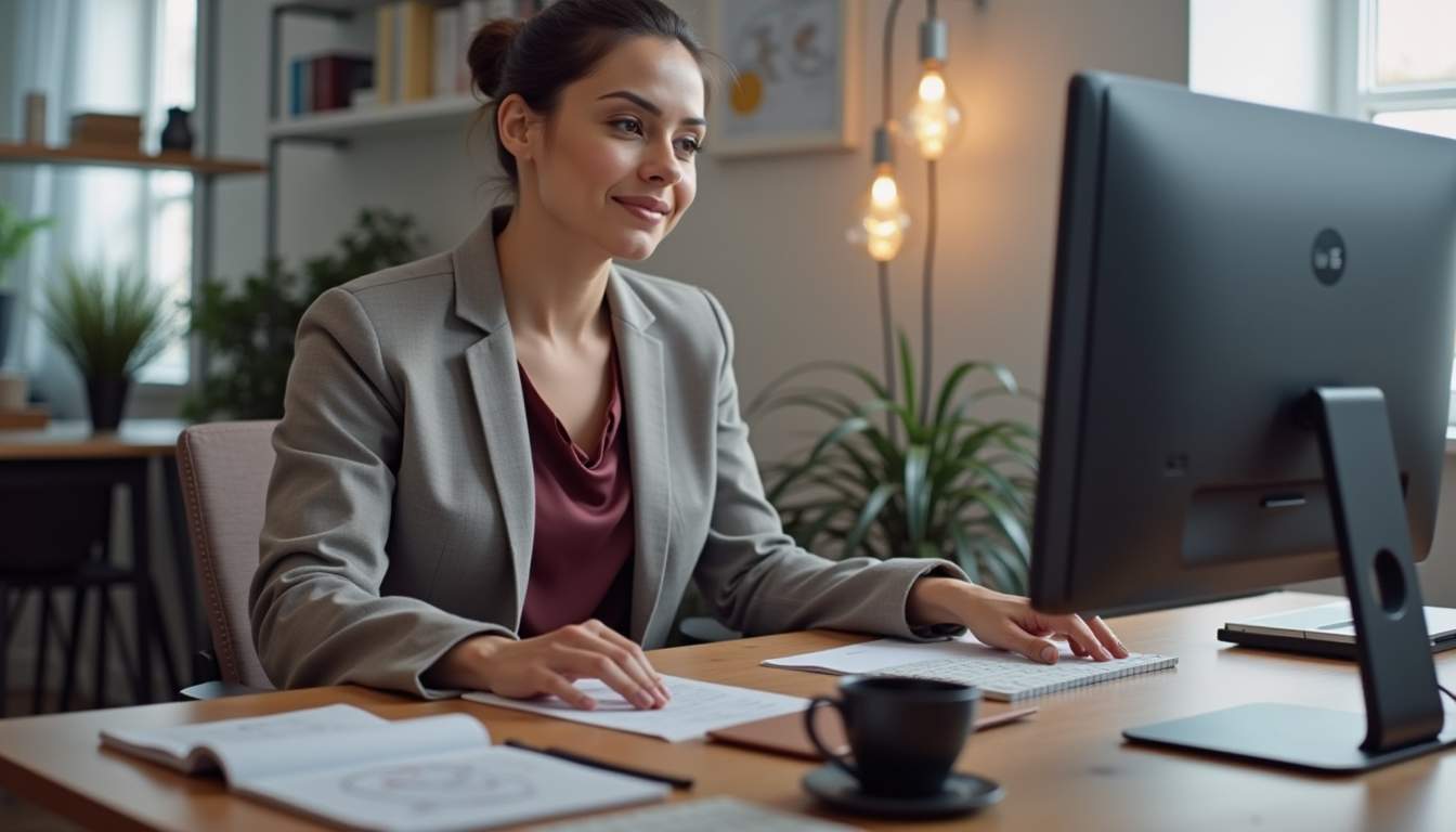 A confident businesswoman working at her desk, focused on a computer monitor with documents spread on the table, in a bright and modern office setting with warm lighting