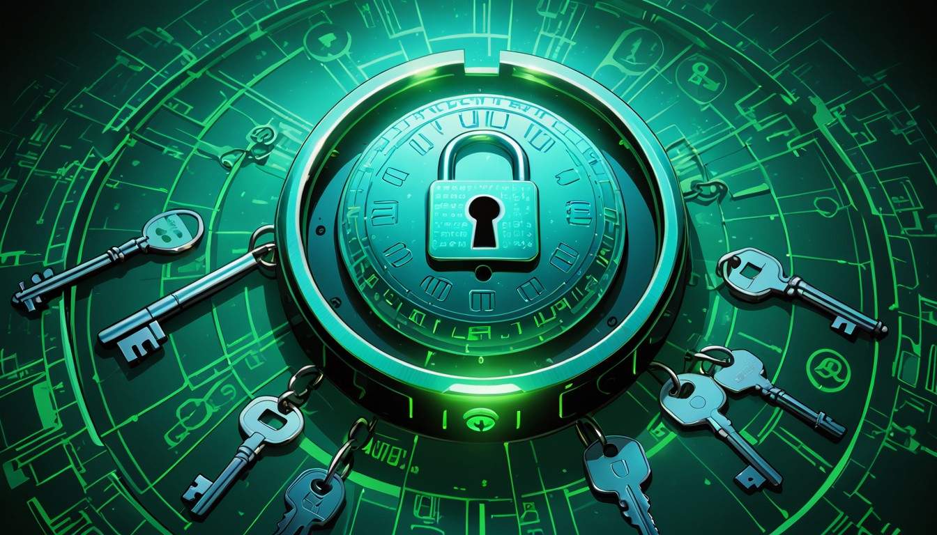 A futuristic digital lock surrounded by keys and glowing green circuits, symbolising cybersecurity, encryption, and data protection
