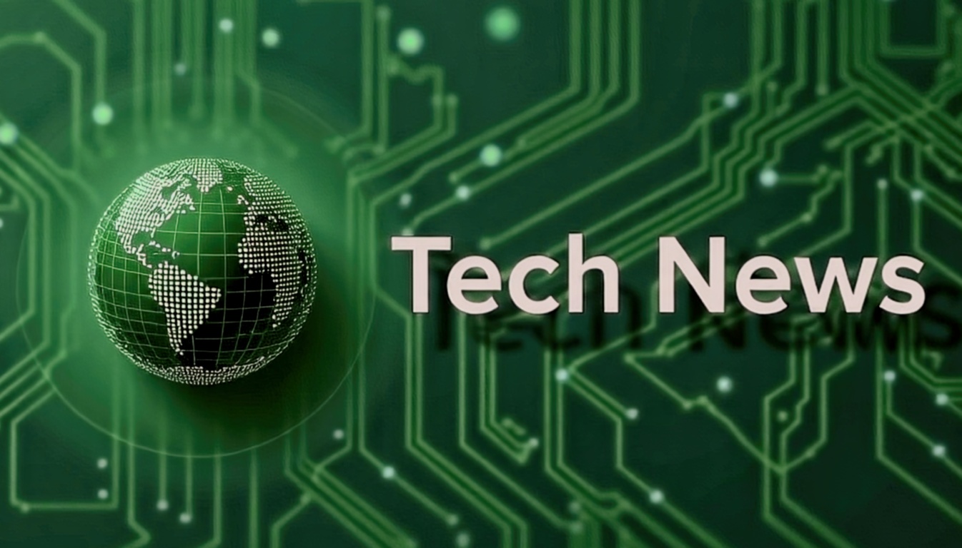 A green digital globe with circuit board patterns in the background and the text 'Tech News' displayed, representing technology updates or news articles