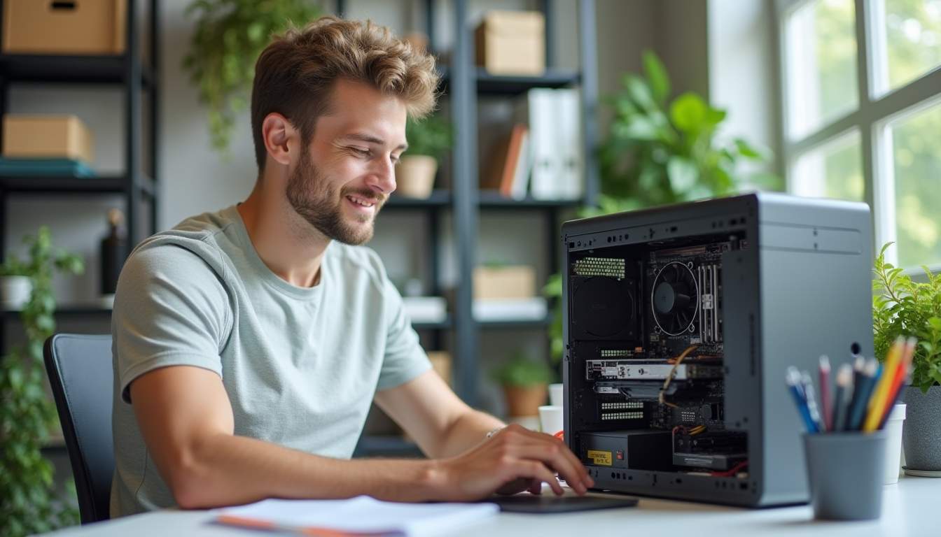 A smiling technician working on an open desktop computer at a desk, surrounded by plants and office supplies, in a bright and modern workspace