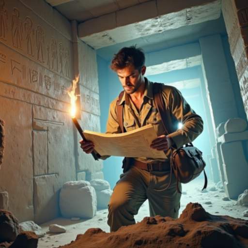 An explorer in an ancient tomb, holding a torch and a map, symbolizing the discovery and planning stage of Microsoft 365 migration.