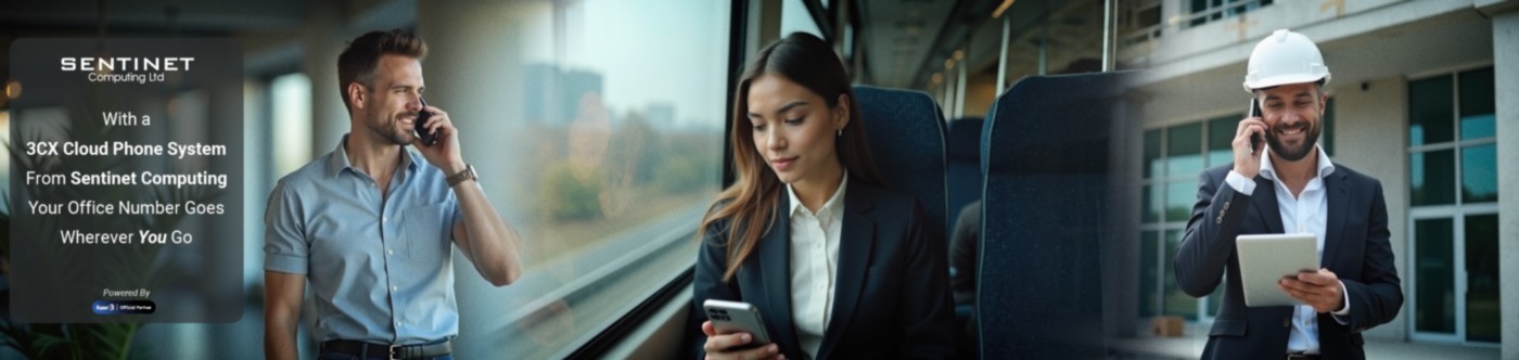 Collage of professionals using mobile devices in various settings: a businessman on a phone in an office, a businesswoman working on a train, and a construction manager on-site with a tablet