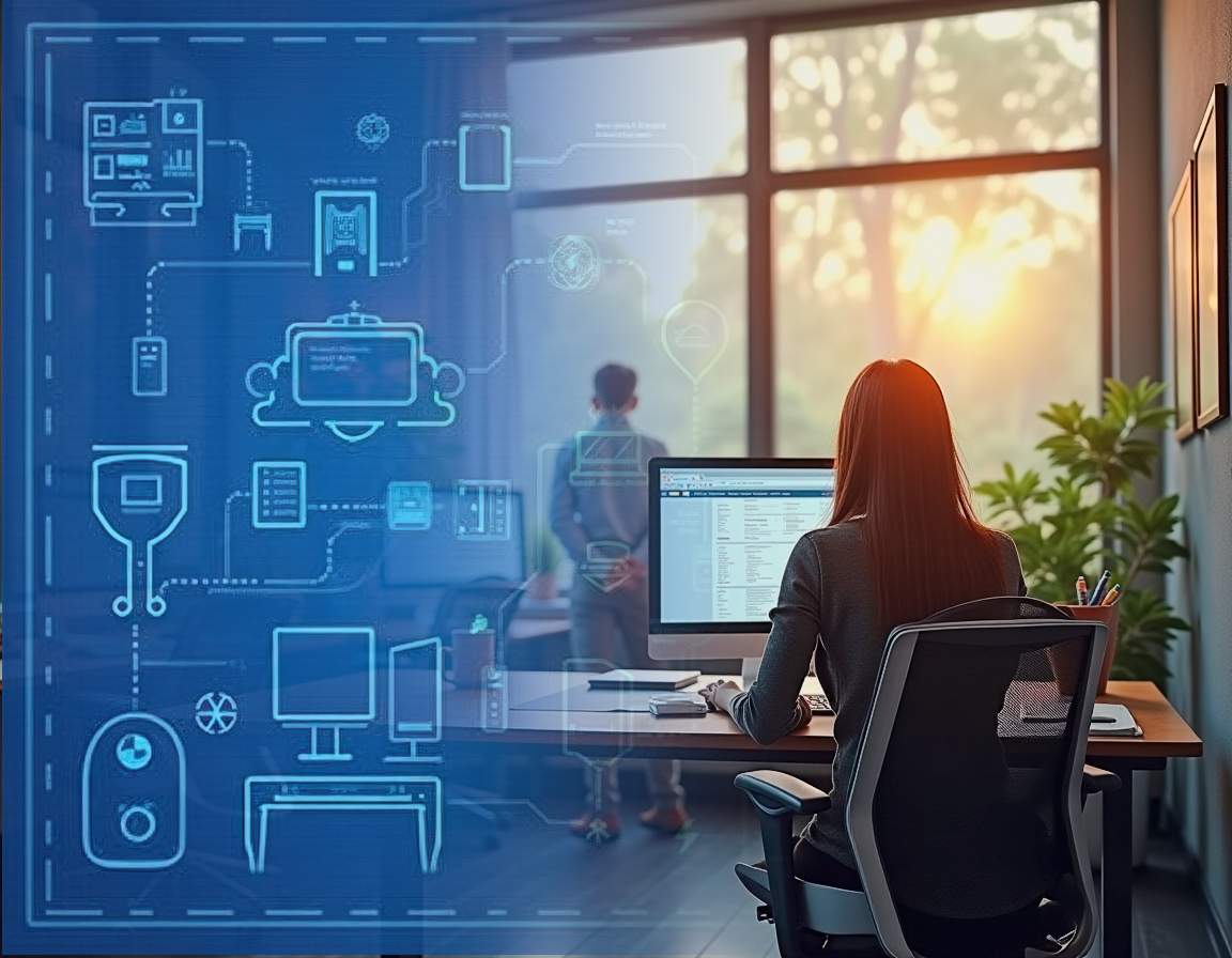 ImageA woman working at a computer desk in a modern office, with a digital overlay showing various interconnected technology icons and diagrams, suggesting concepts like cloud computing and IT infrastructure. The scene is bathed in warm sunlight coming through large windows, and a person is visible in the background.